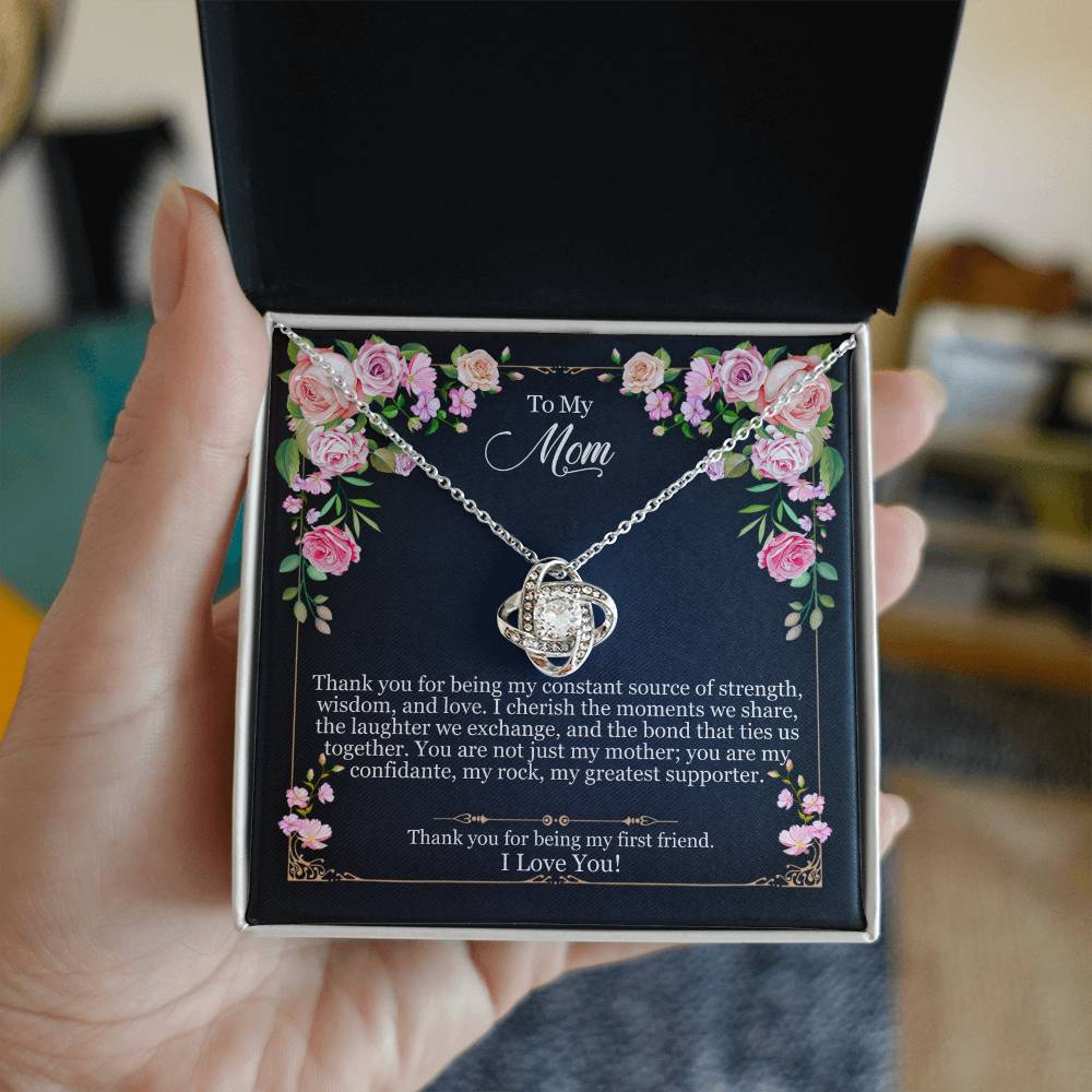 To My Mom love knot necklace with message card
