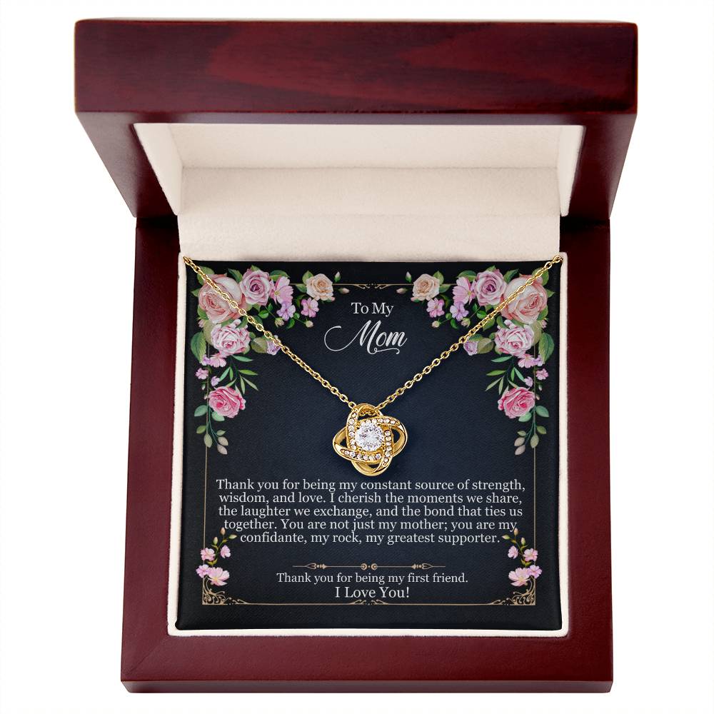 To My Mom love knot necklace with message card