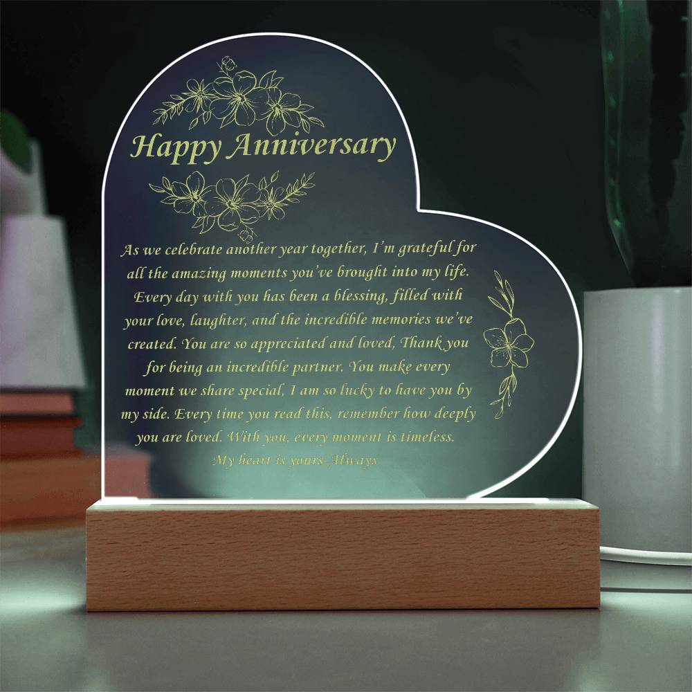 Happy Anniversary Gift - Engraved acrylic heart plague