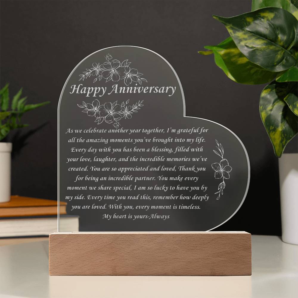 Happy Anniversary Gift - Engraved acrylic heart plague