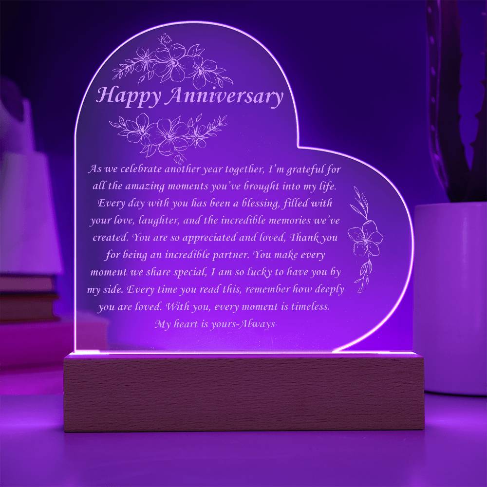 Happy Anniversary Gift - Engraved acrylic heart plague