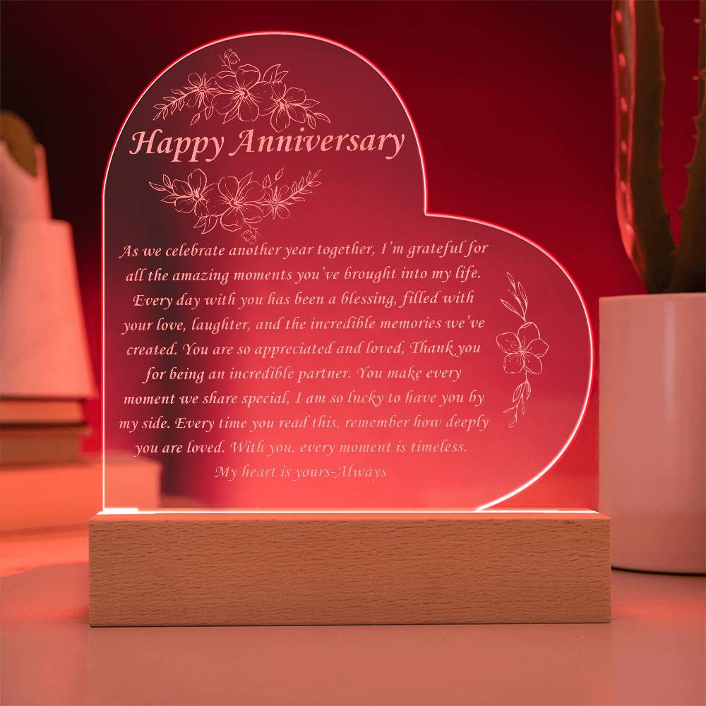 Happy Anniversary Gift - Engraved acrylic heart plague