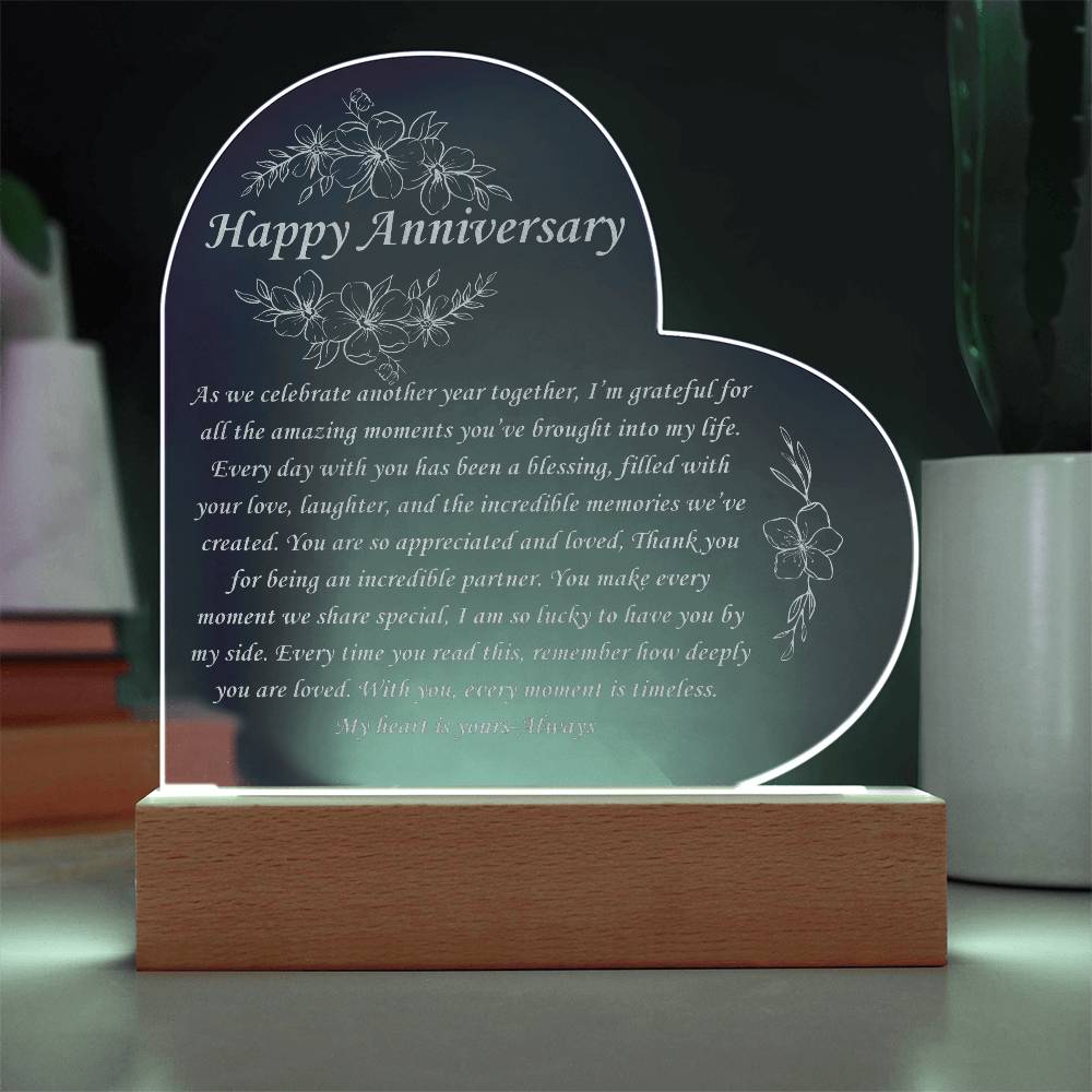 Happy Anniversary Gift - Engraved acrylic heart plague